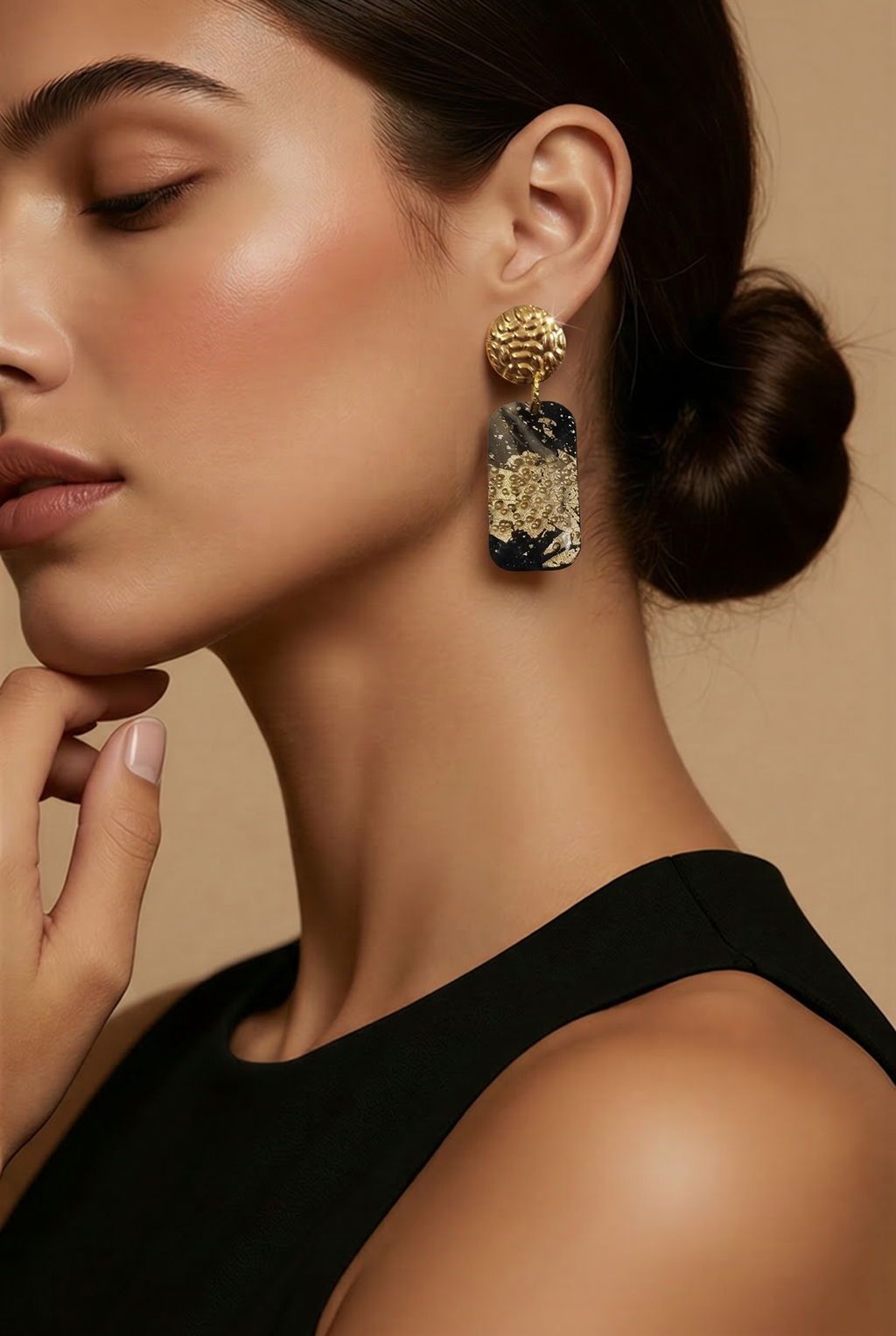 Orecchini "Midnight Gold" – Rettangoli in Pasta Polimerica e Resina Glossy