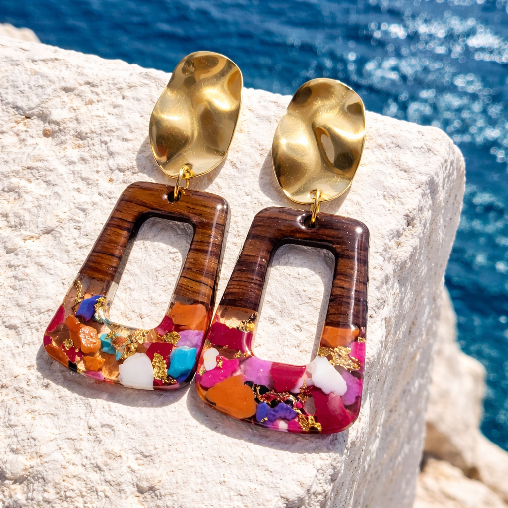 Orecchini "Aperitivo al Tramonto" in Legno, Resina Multicolore